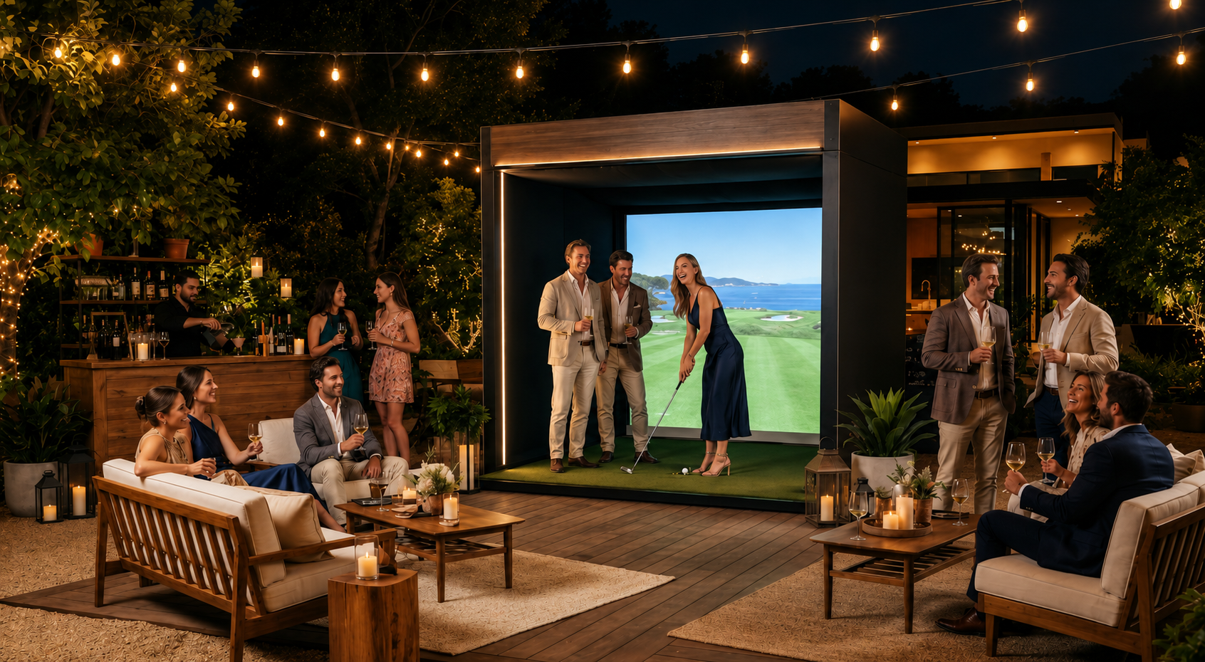 People enjoying a golf-themed outdoor celebration at night with string lights, a bar, and a golf simulator showing a coastal golf course. Guests are smiling and holding drinks, and some are seated on outdoor furniture.