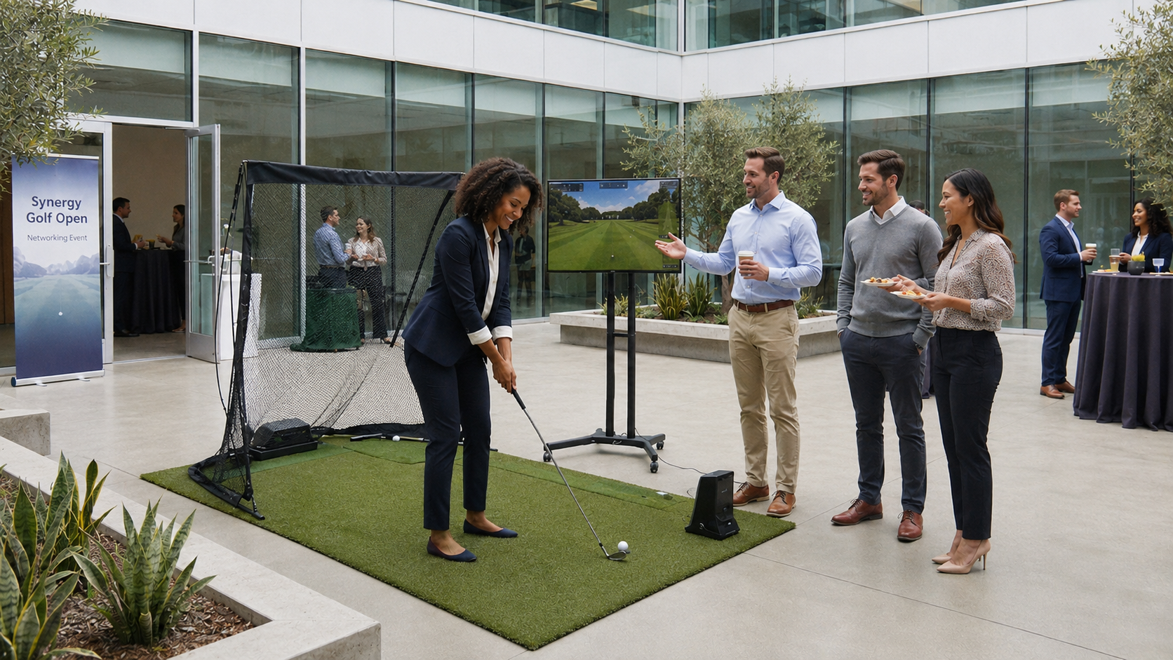 Group of people at networking event with indoor golf simulation, some holding drinks and snacks, in a modern glass-walled office building courtyard.