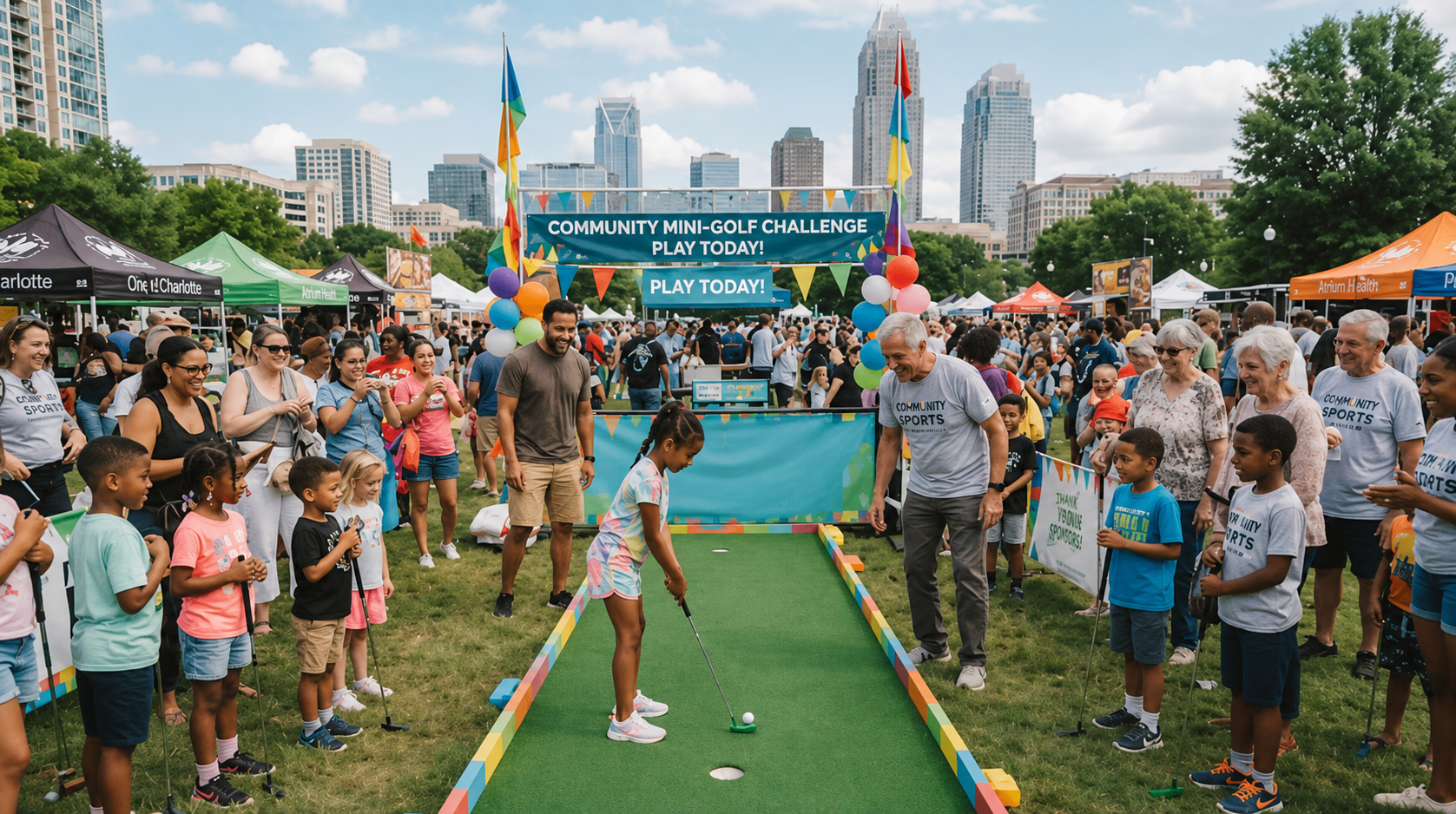 People playing mini-golf at a community event in a park with tents and city buildings in the background.