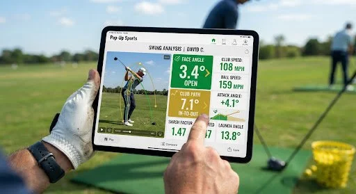Person holding a tablet displaying golf swing analysis data with a golf course in the background.