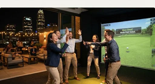 Group of five friends celebrating after playing virtual golf indoors at night with city skyline view.