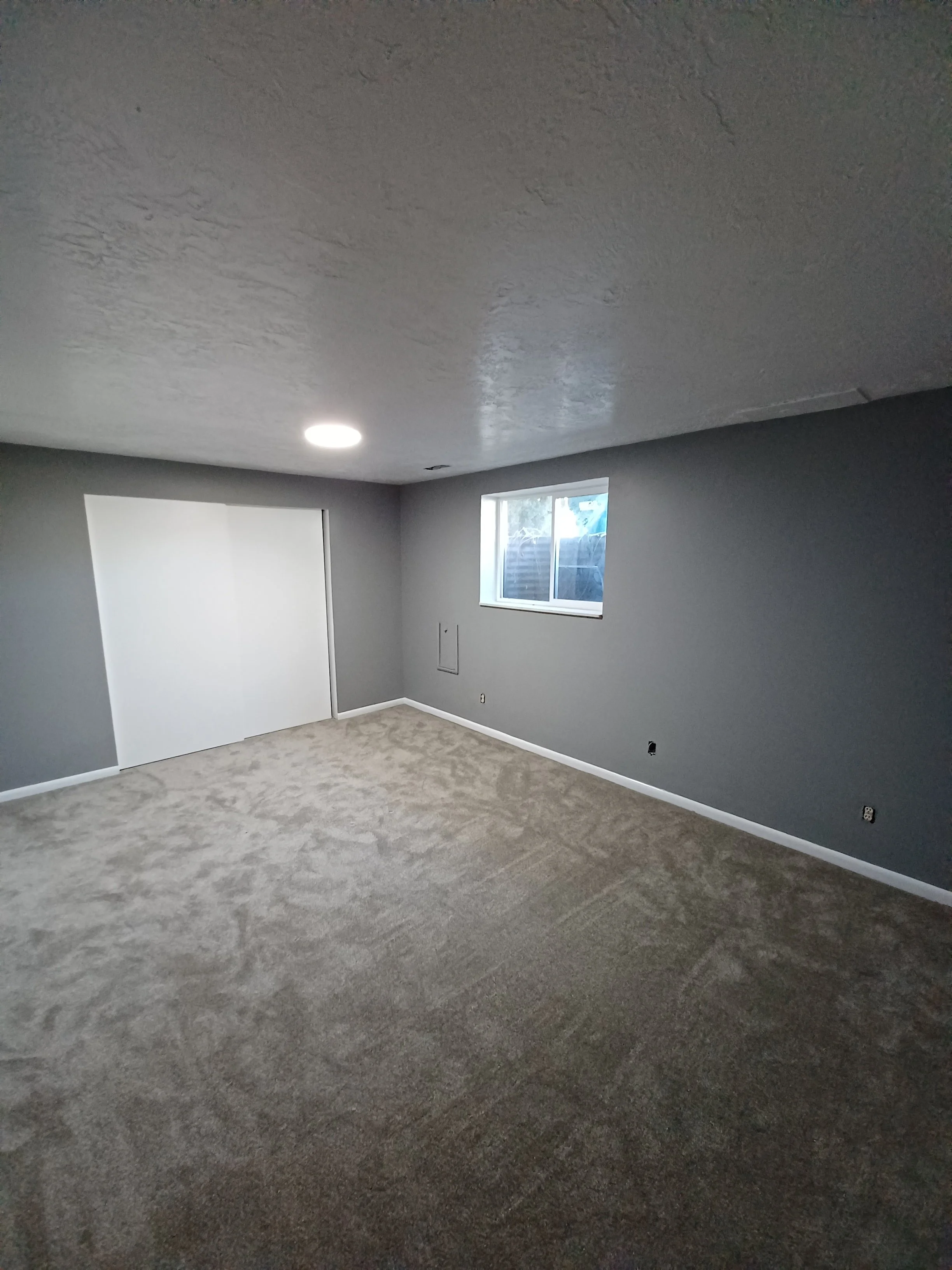 Empty room with gray painted walls, beige carpet, a small window, a white door, a ceiling light, and electrical outlets.