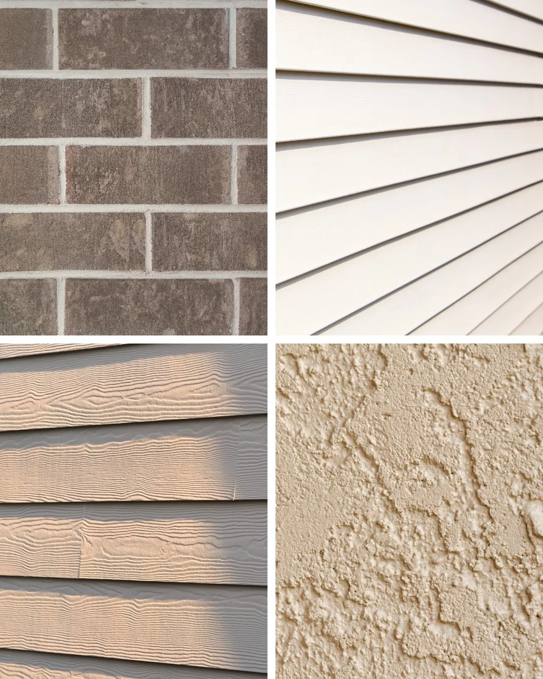 Collage of four different building materials: a brick wall, white horizontal siding, textured beige stucco, and beige horizontal lap siding with a wood grain pattern.