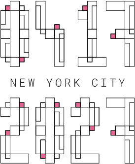 Geometric pixel lettering reads 04 17 2027, NEW YORK CITY — the wedding date and location of Drew Rapp and Alex Patton, illustrated by Tibor Kárpáti.