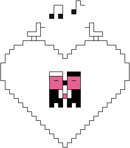Pixel-art heart holding tiny grooms, with two little birds perched above. A playful New York wedding illustration by Tibor Kárpáti.