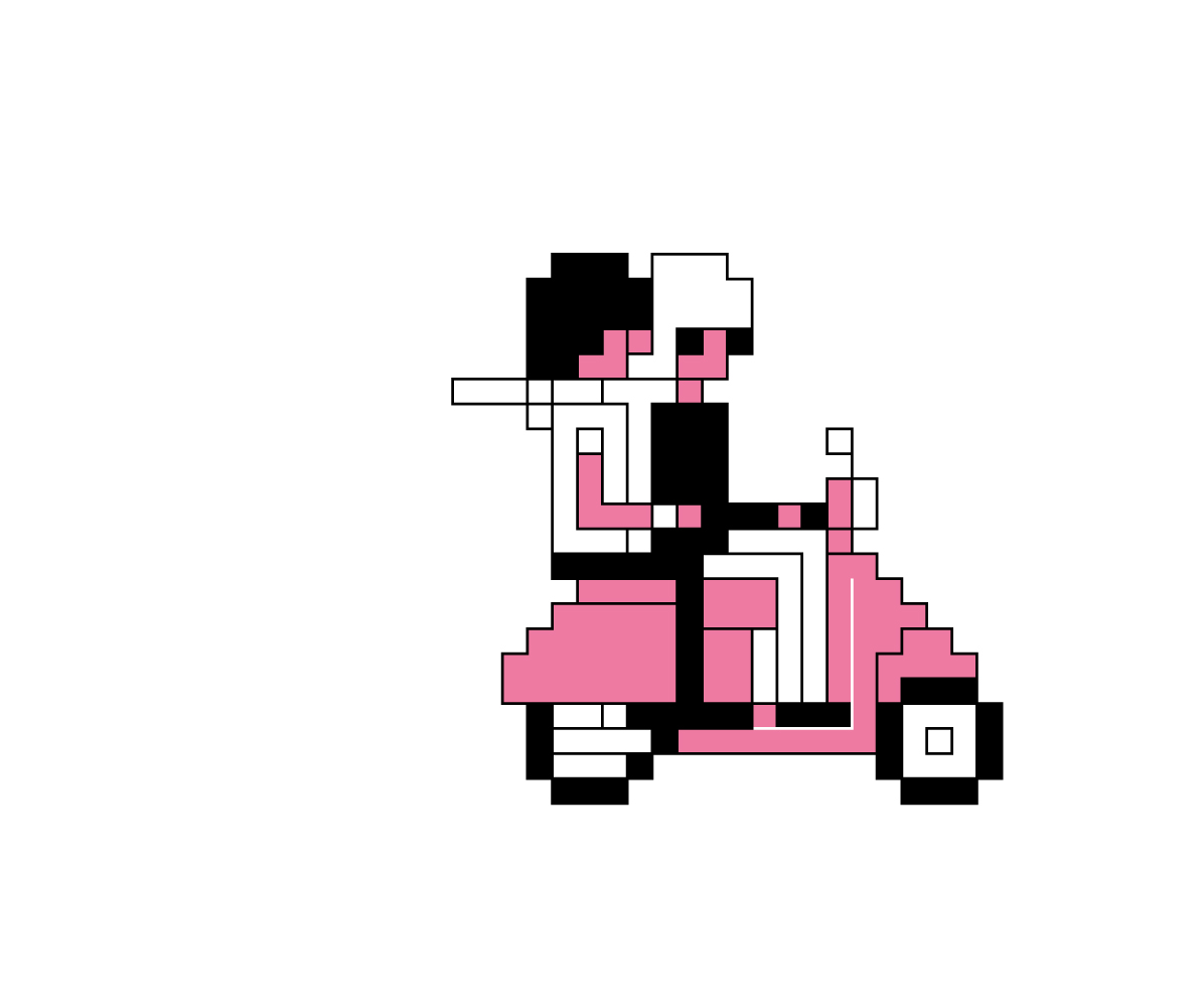 Animated pixel-art illustration of grooms Drew Rapp and Alex Patton riding a pink Vespa together, playfully depicted by Hungarian cartoonist Tibor Kárpáti.