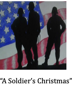 Silhouettes of three soldiers standing in front of an American flag background.
