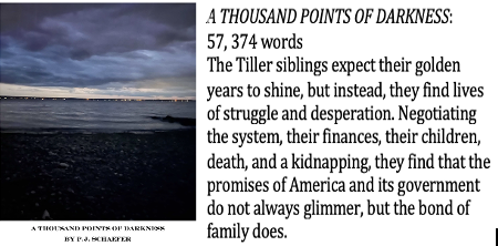A cloudy, dark sky over a body of water with a shoreline in the distance; a poem titled 'A Thousand Points of Darkness' by P.J. Schaffer about the struggles of the American family.