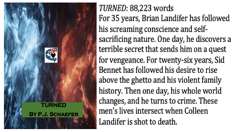 Book cover featuring a split background of blue flames on the left and red flames on the right with a small logo of a heart with an eye in the middle. The title 'TURNED' by P.J. Schaefer is on a green stripe, accompanied by a summary describing a story about Brian Landifer, his quest for vengeance, and events involving Sid Bennet and Colleen Landifer.