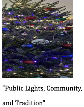 Close-up of a decorated Christmas tree with colorful ornaments and purple lights.