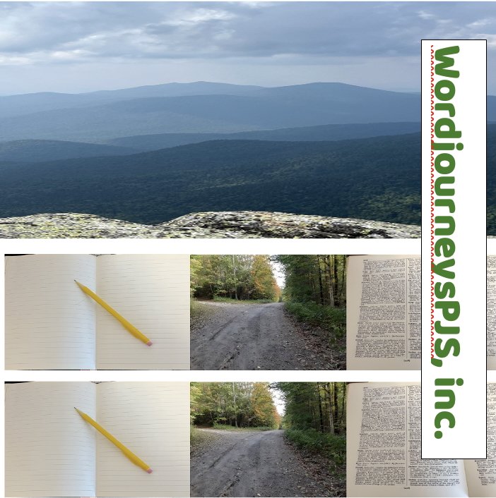 A mountain landscape with rolling hills under a cloudy sky, overlapping pages of a notebook and a dirt road surrounded by trees, with a yellow pencil on each notebook page, and the words 'WordiumRevs.pics inc.' written vertically on the right side.