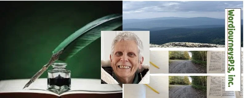A collage of images including a feather quill writing in ink, mountain landscape, dirt road in woods, and a smiling elderly woman with short gray hair.