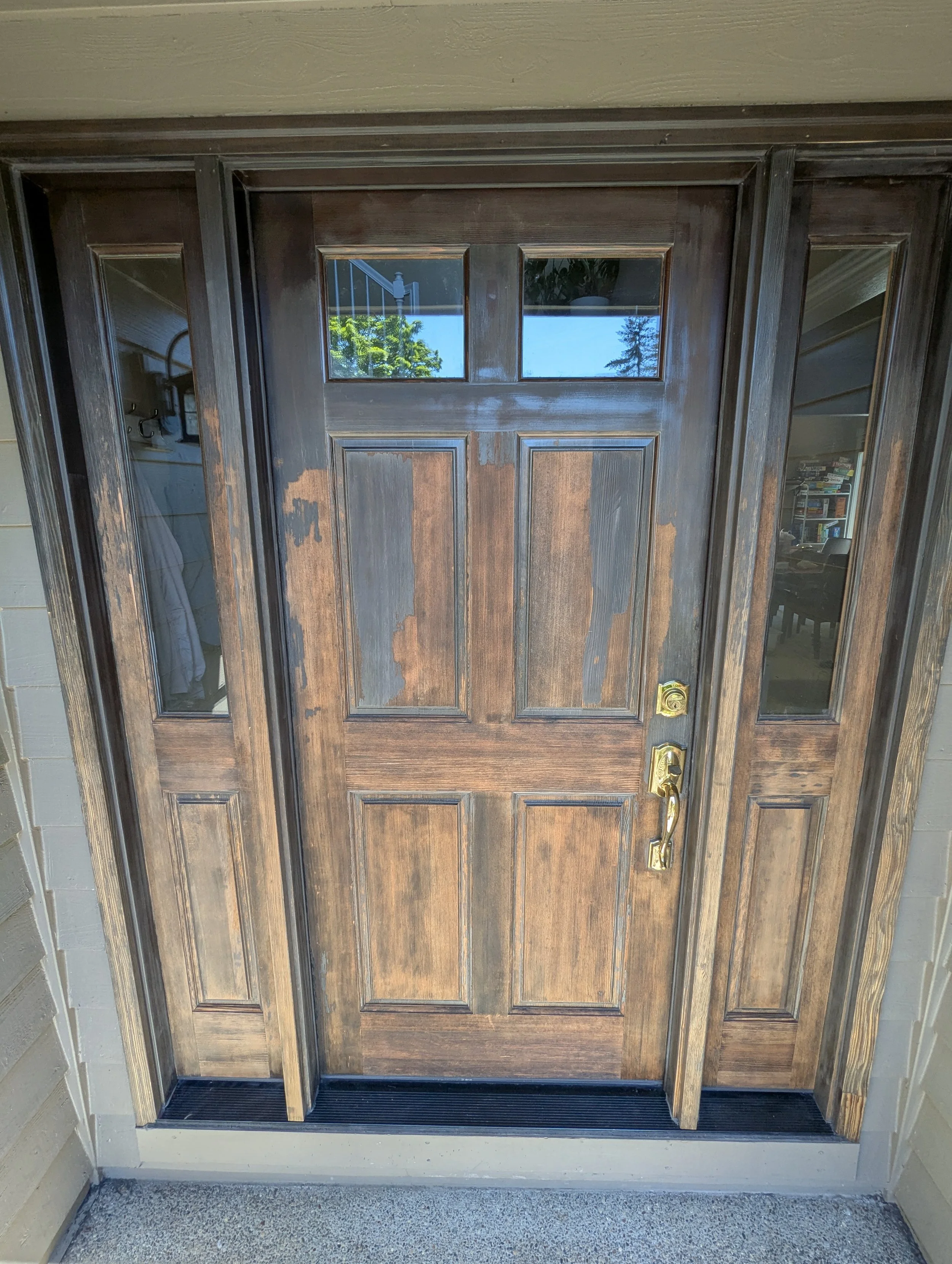 before image of a weathered front door with paint peeling off