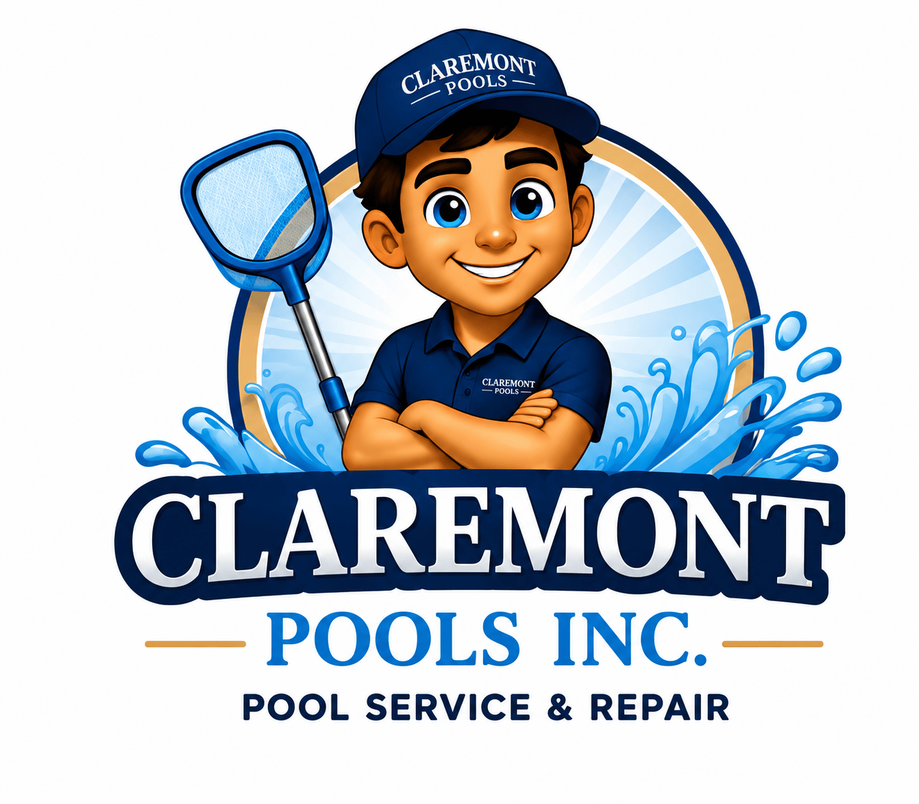 Logo for Claremont Pools Inc. featuring a cartoon boy in a blue uniform and cap with 'Claremont Pools' written on it, holding a pool net, standing in water splashes, with the text 'CLAREMONT POOLS INC. Pool Service & Repair'.