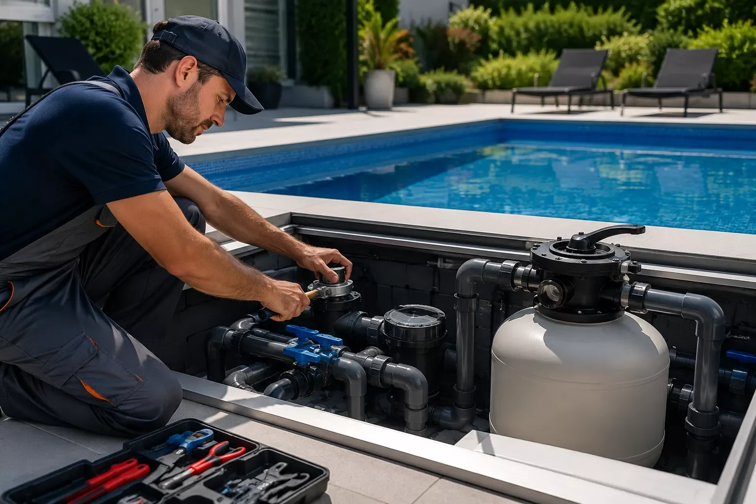 A worker repairing a swimming pool's filtration system outdoors, with a pool and lush greenery in the background.