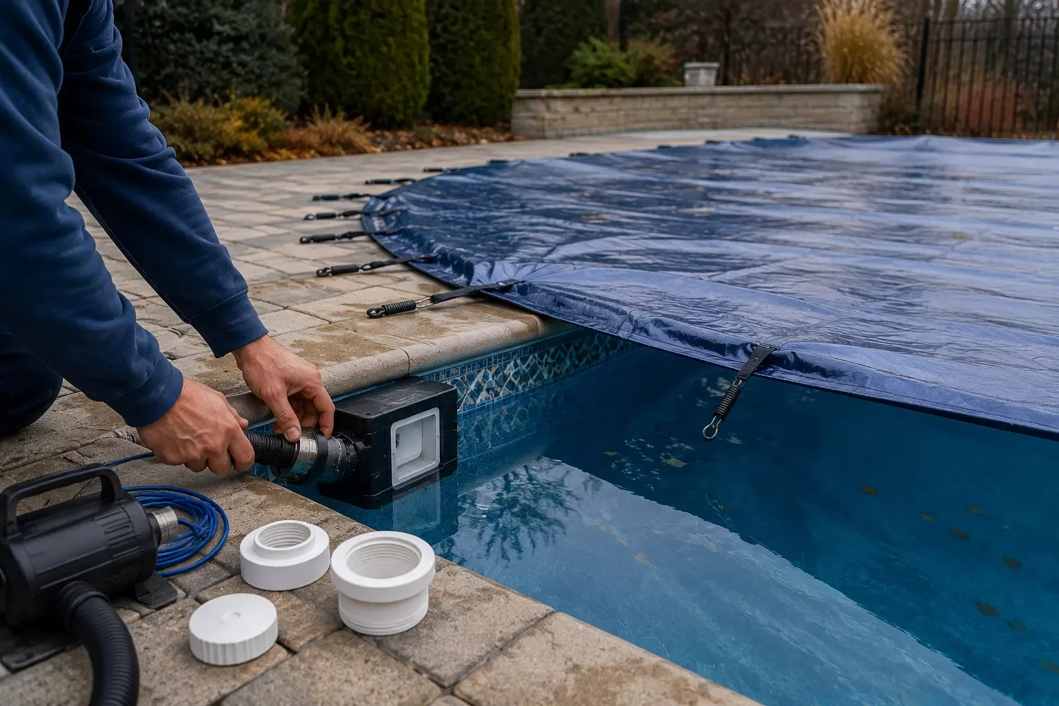 Person installing a pool cover using a pump near a backyard swimming pool.