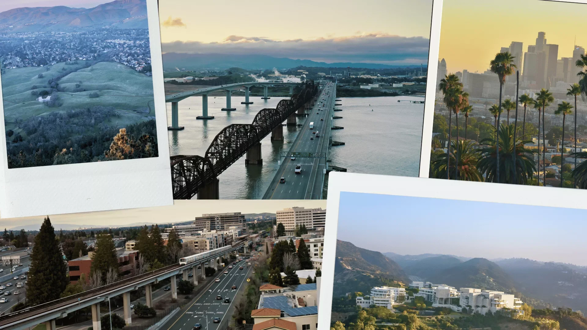 Collage of four landscape photographs. The top left photo shows green rolling hills with trees and a city in the background. The top middle photo depicts a bridge over a river with mountains and a cloudy sky in the background. The top right photo displays a city skyline with tall buildings and palm trees at sunset. The bottom right photo features hilly terrain with buildings and trees, under a clear sky.