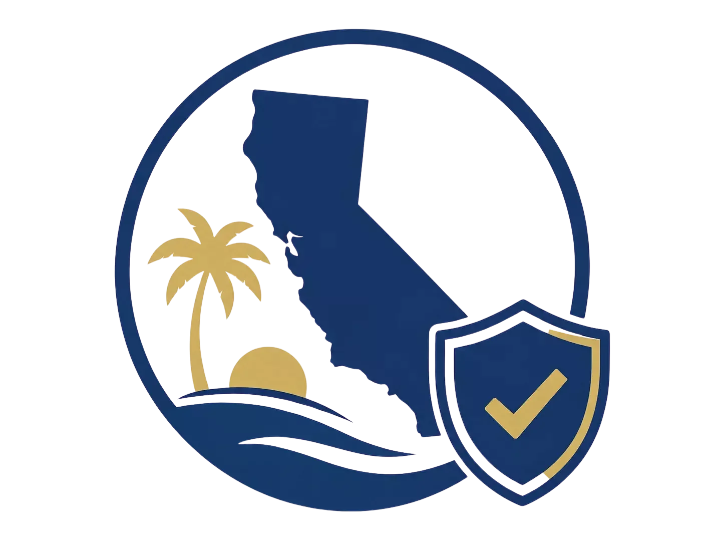 A circular emblem with a dark blue outline featuring the state of California in dark blue, a yellow palm tree and sun setting behind a hill, and a shield with a yellow checkmark overlapping it.