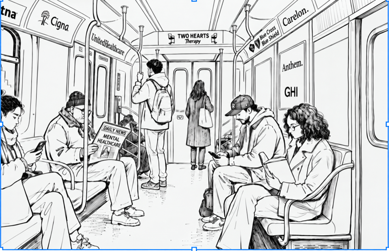 Black and white illustration of people sitting and standing in a subway car, with advertisements and signs, including a sign for 'Two Hearts Therapy' and a newspaper titled 'Daily News: Mental Healthcare'.