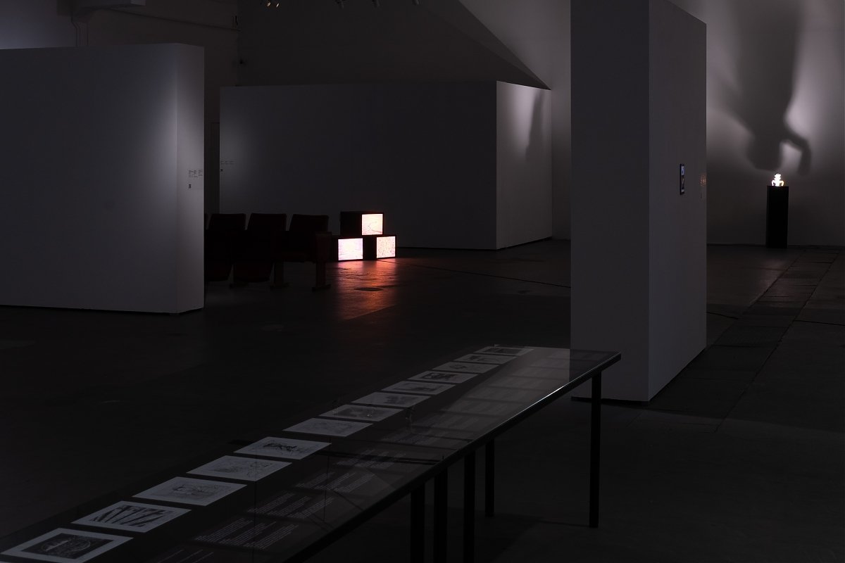 Dark art gallery or exhibition space with illuminated displays, including glowing boxes and shadow projections on the wall.