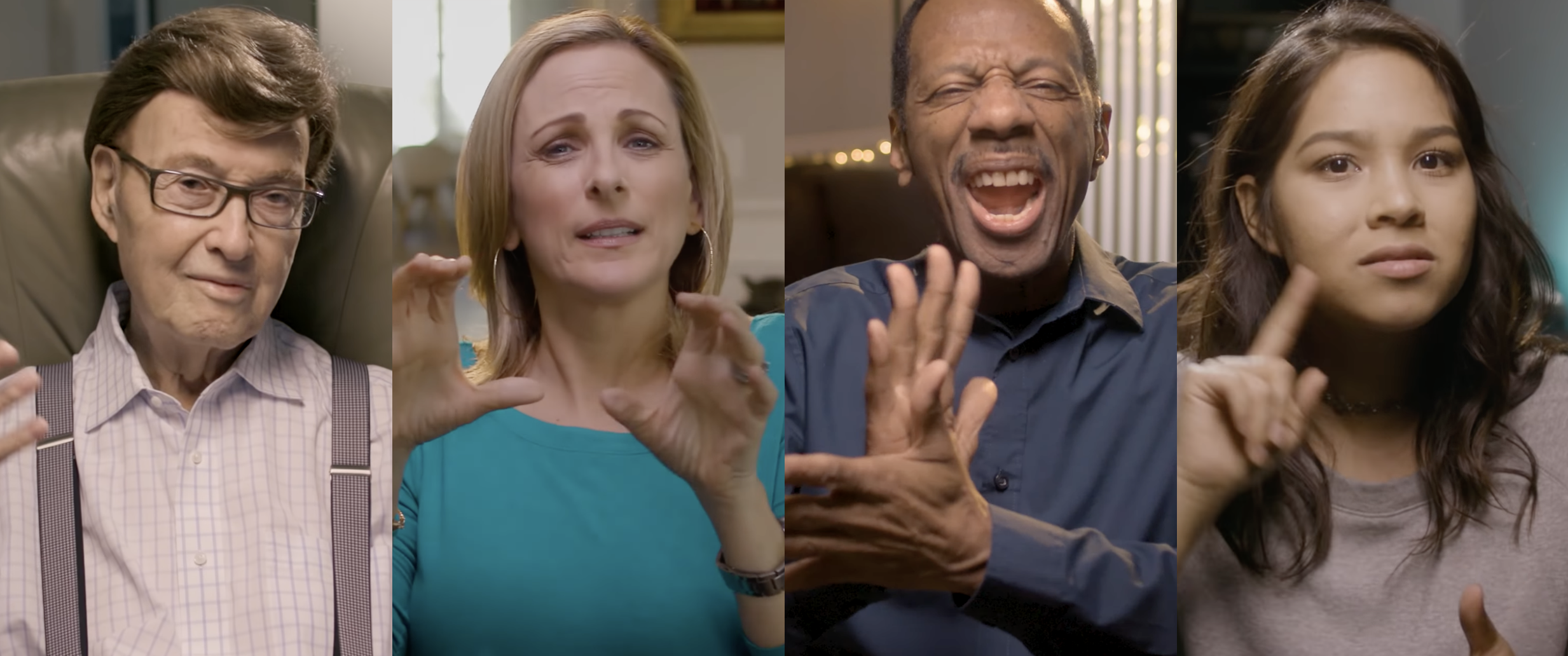 Four-panel photo grid of people signing in ASL during interviews for 'Our Deaf Community: SoCal Stories