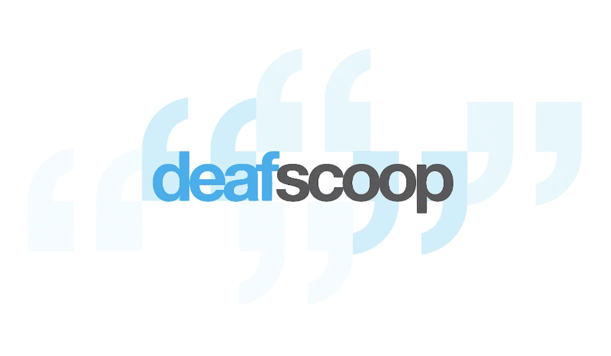 Logo for DeafScoop, the wordmark in blue and gray with decorative quotation mark graphics behind it