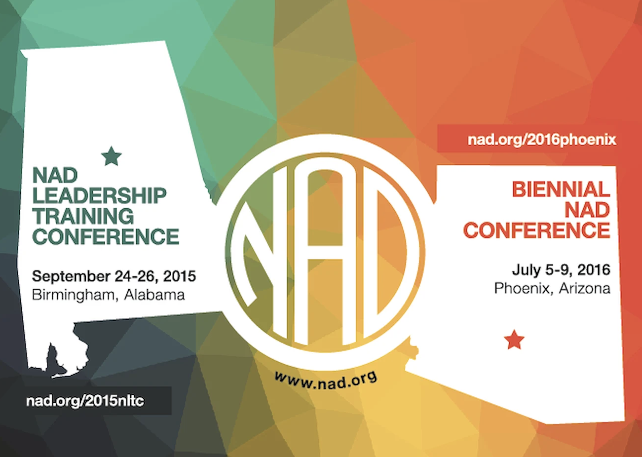 Postcard for National Association of the Deaf's 2015-2016 conferences, a geometric color-block design with state outlines for Alabama and Arizona and the conference dates