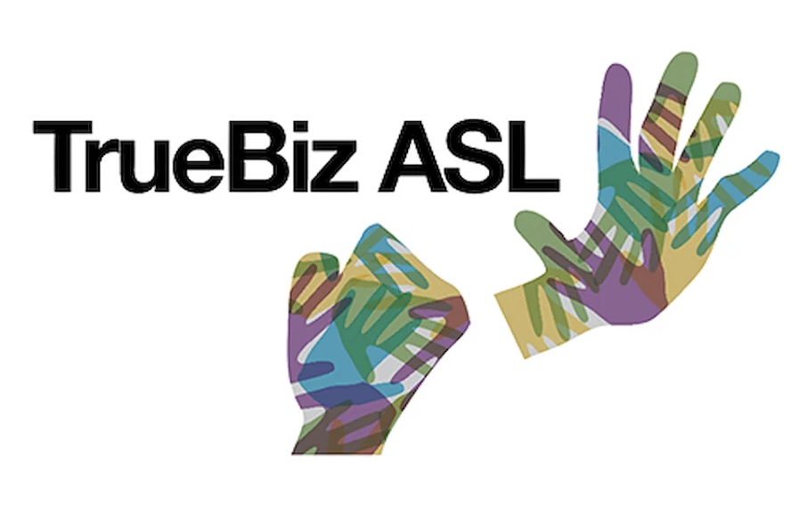 Logo for TrueBiz ASL, the wordmark paired with two illustrated hands in a colorful patchwork pattern