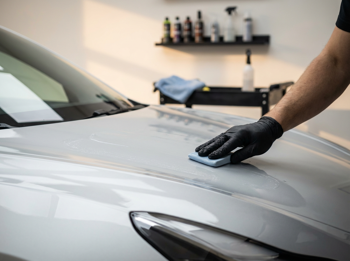 Person in black gloves polishing the hood of a white car with a cloth in a garage.