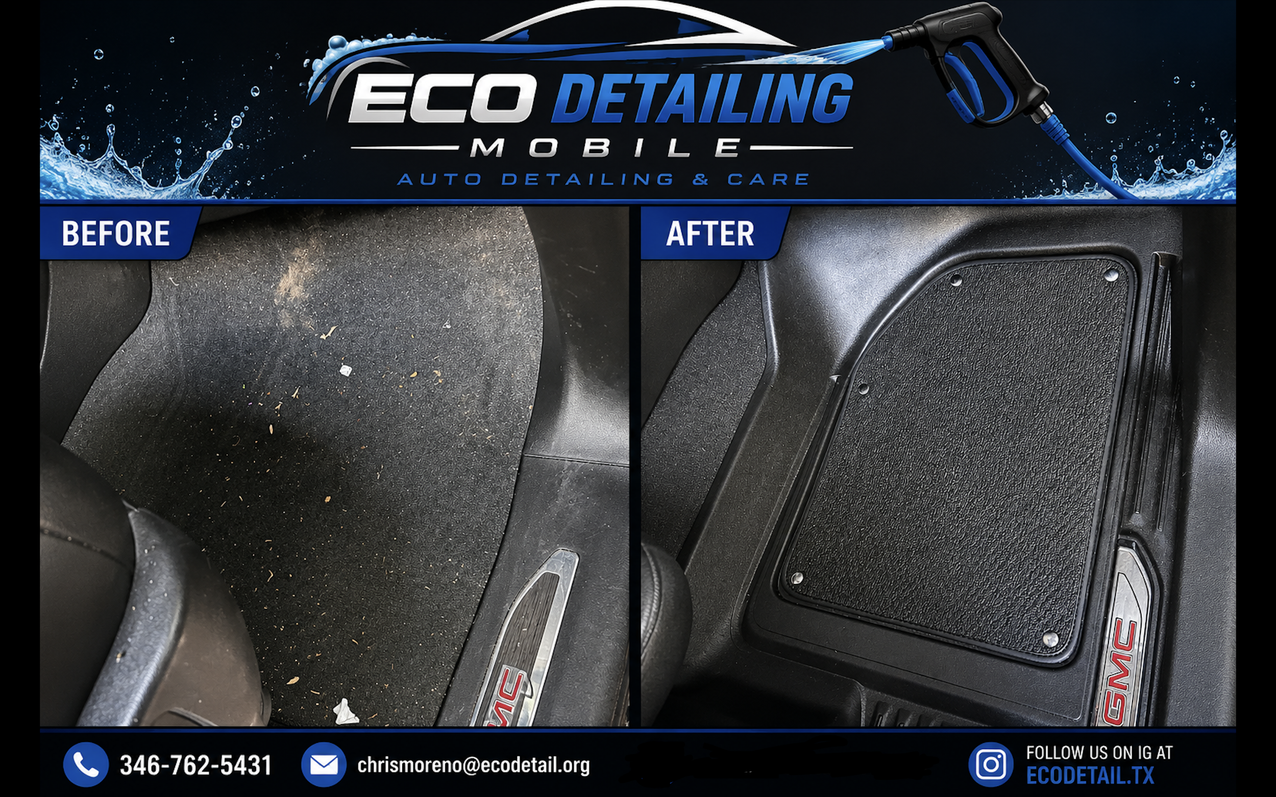 A side-by-side comparison of a car's floor mats before and after cleaning by Eco Detailing Mobile. The left side shows a dirty, dusty, and debris-filled floor mat, while the right side shows a clean, spotless mat. The image promotes auto detailing and care services.