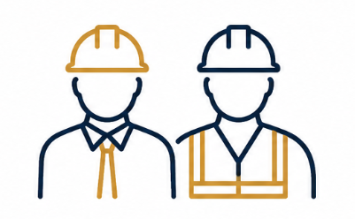 Line drawing of two construction workers wearing safety helmets and vests.