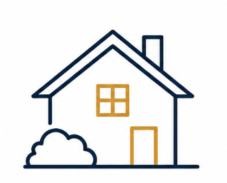 Drawing of a house with a window, door, chimney, and a bush in front.