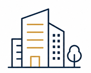Simple line drawing of a group of buildings and a tree.