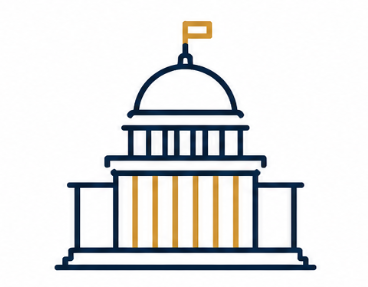 Illustration of a government building with a dome, columns, and a small flag on top.