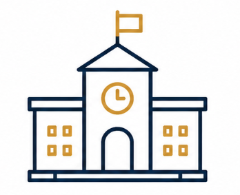 Simple line drawing of a school building with a clock and a flag on top