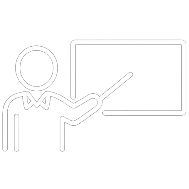 Line drawing of a person in a suit and tie pointing at a blank blackboard or screen with a stick.