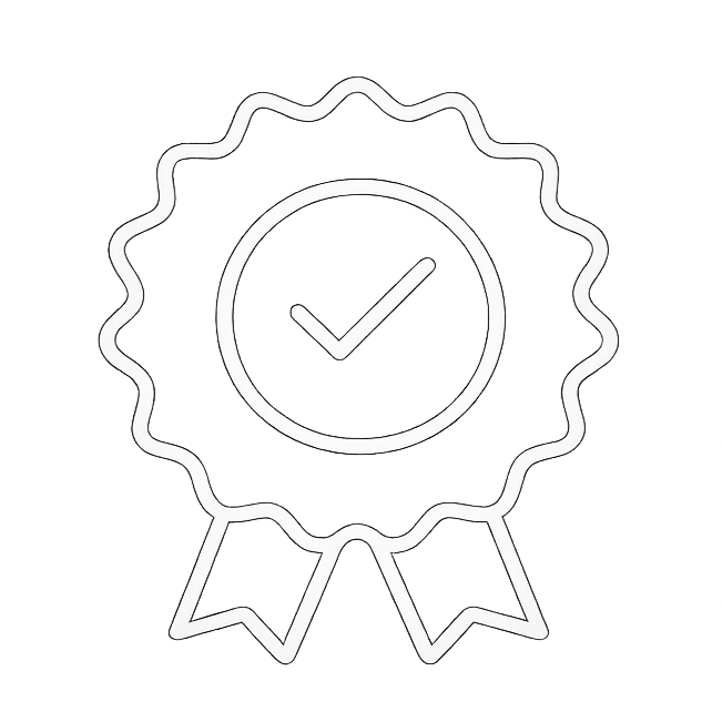 Neon icon of a certification badge with a checkmark in the center.