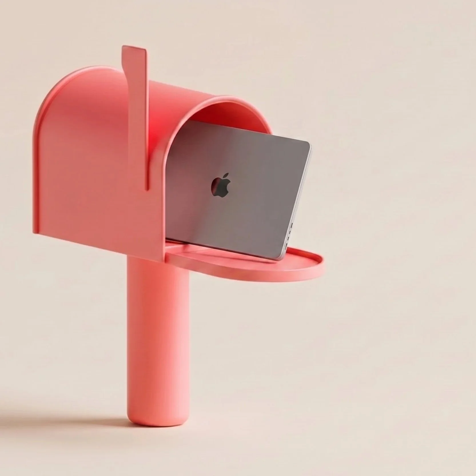 Un distributore di carta rossa con un telefono Apple di colore grigio inserito.