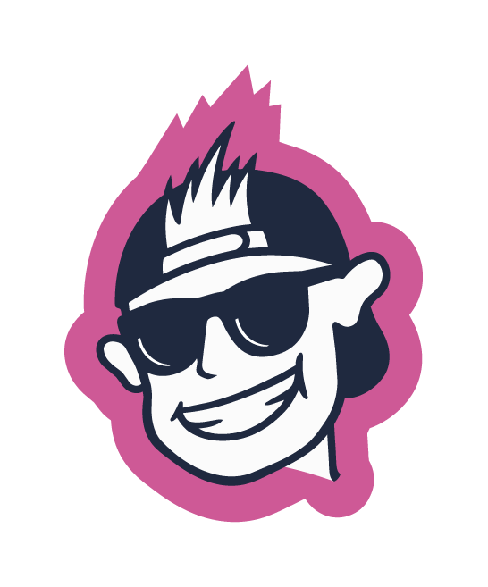 Cartoon illustration of a smiling person wearing sunglasses and a visor with spiky hair, outlined in pink.