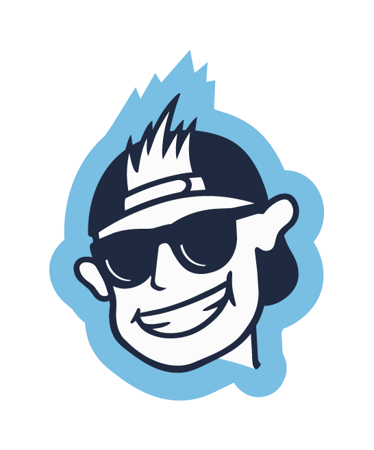 Illustration of a person wearing sunglasses, a visor, and a spiky hairstyle, smiling, with a blue outline around the drawing.
