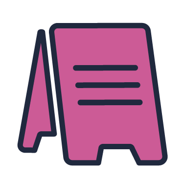 Pink A-frame sidewalk sign with black outline and three horizontal lines