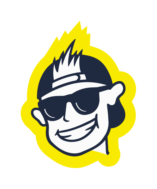 Cartoon illustration of a smiling person wearing sunglasses, a visor, and a spiky hairstyle, outlined in yellow