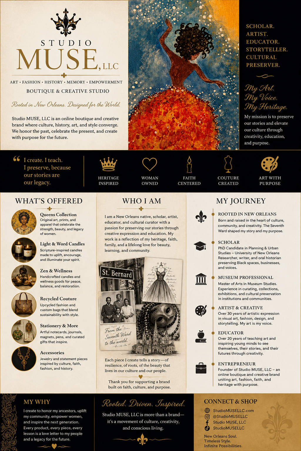 A promotional flyer for Studio Muse, LLC, featuring an artistic illustration of a woman dancing with curly hair and an orange skirt. The flyer highlights the studio's focus on art, culture, history, and empowerment, with sections detailing offered services, personal background, and mission statement.