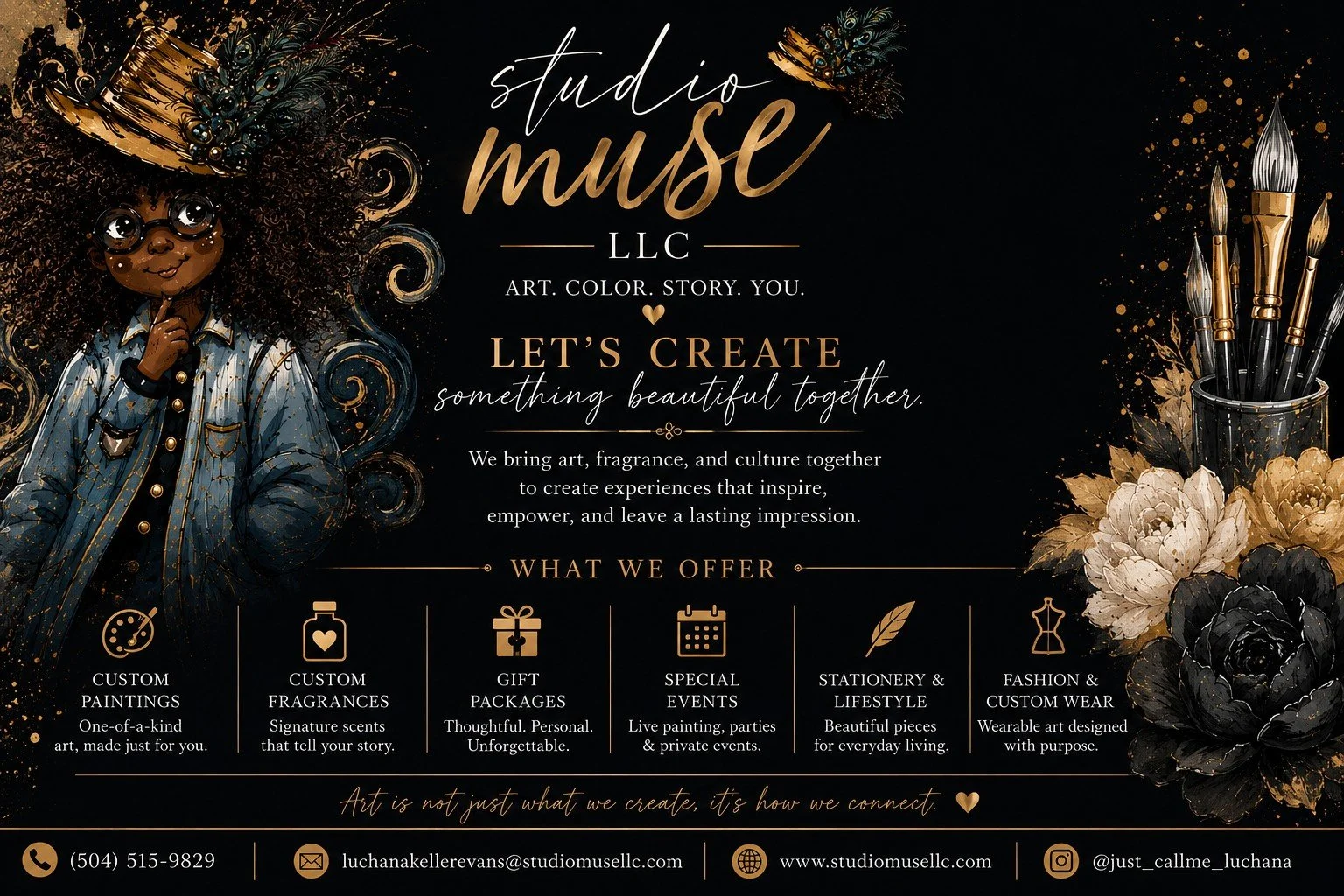 Business flyer for Studio Muse LLC featuring a drawn woman with curly hair, wearing a denim jacket and a gold hat, holding a finger to her lips. The flyer promotes art, fragrance, culture, and creative services, with icons and text promoting custom paintings, fragrances, gift packages, special events, stationery, fashion, and wearables, all on a black background with gold and beige accents, floral and art supplies illustrations.