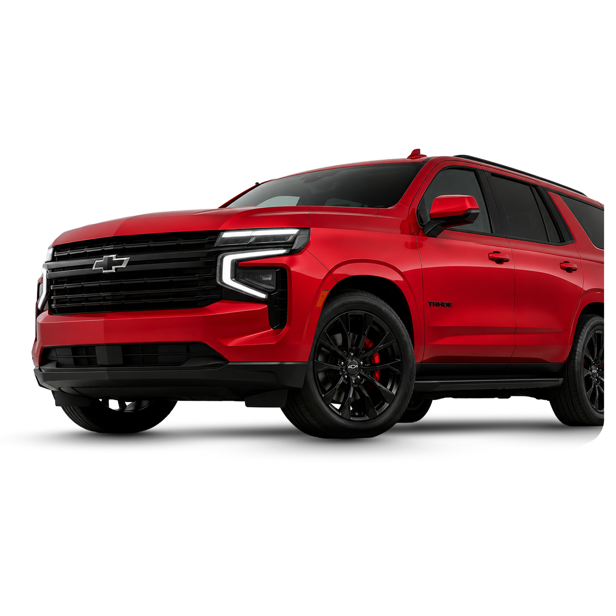 A red Chevrolet pickup truck from the front and side view.