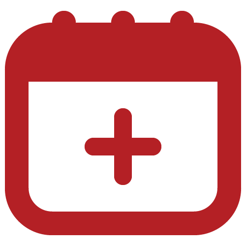 Icon of a calendar with a "+" in the center, in red outline to show online booking.