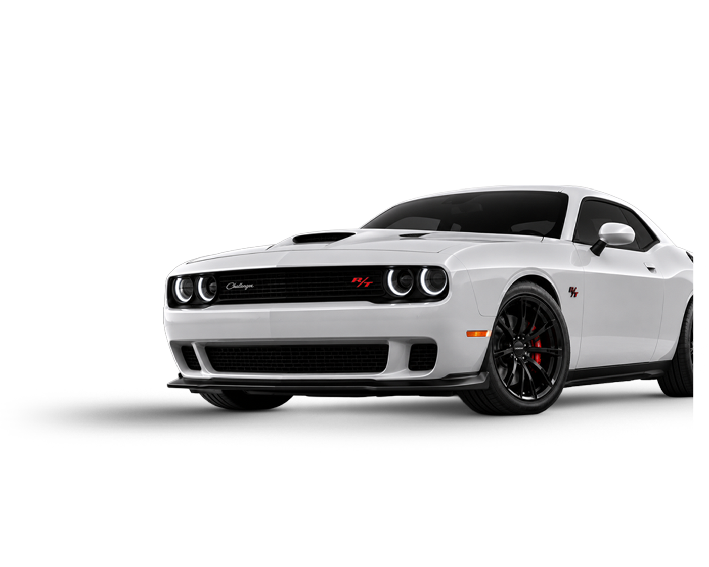A white Dodge Challenger R/T sports car with black wheels and red accents, displayed against a black background.