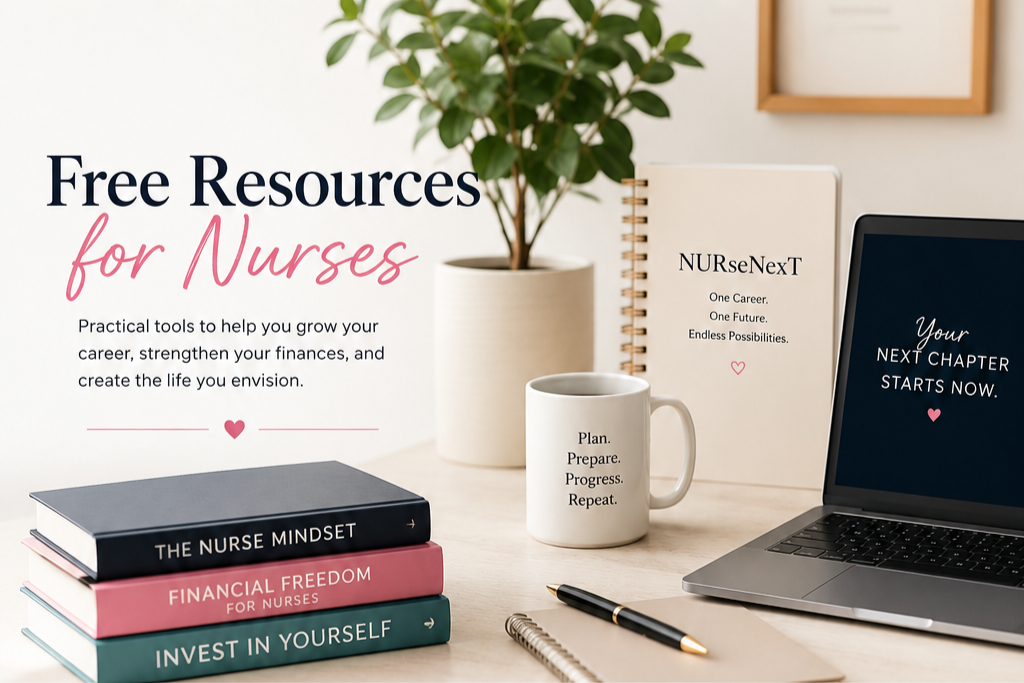Desk with a potted plant, a closed notebook titled "NURseNexT", a white mug with text, a laptop displaying "Your next chapter starts now," stacks of books about nursing and finances, a pen, and a notebook, with a framed certificate on the wall.