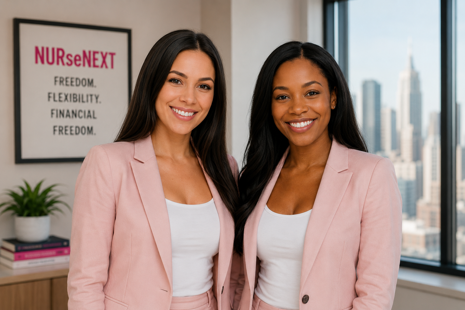 Two professional women standing in an office with cityscape view, wearing light pink blazers and white tops, smiling at the camera. A framed quote about NURseNEXT is visible in the background.