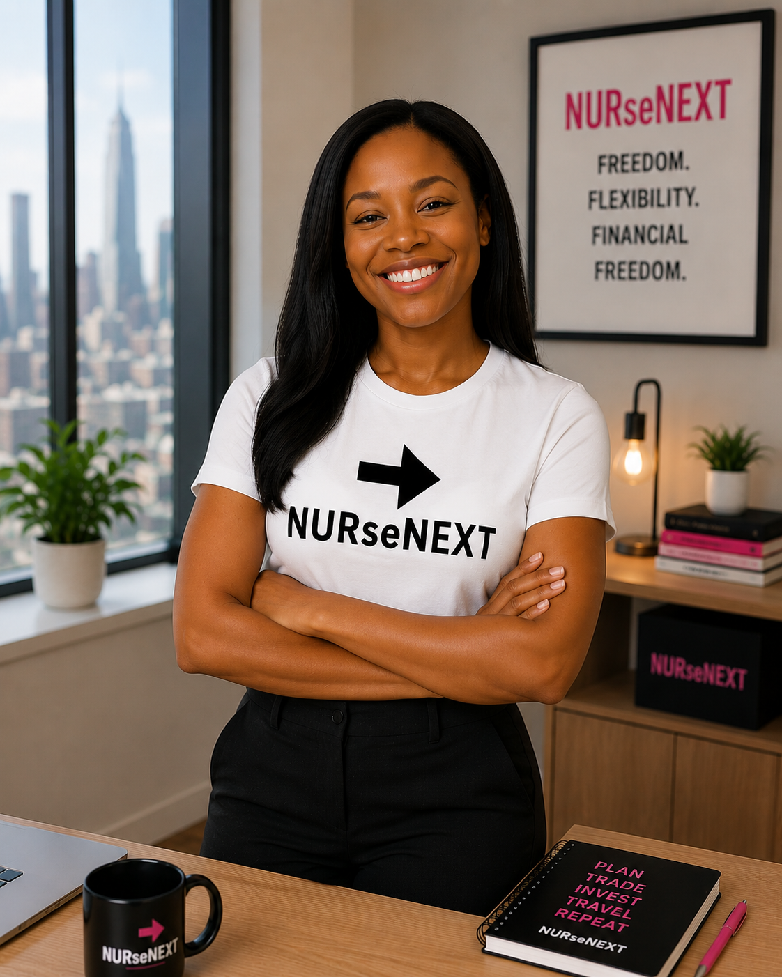 A woman with long black hair smiling in an office, wearing a white T-shirt with an arrow and the text 'NURseNEXT'. The office has a window with a cityscape view, a desk with a black mug, a pink pen, a planner, and a plant. There is a framed sign on the wall that says 'NURseNEXT - Freedom. Flexibility. Financial Freedom.'